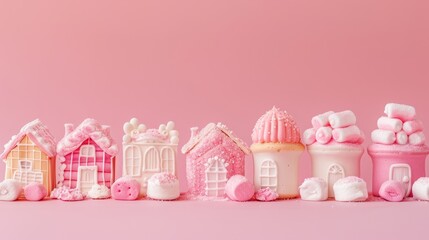 Sticker -  A pink backdrop holds a line of tiny pink and white houses; marshmallows dot the foreground