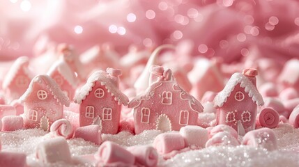 Canvas Print -  A cluster of small, pink houses atop a mound of marshmallows against a pink backdrop