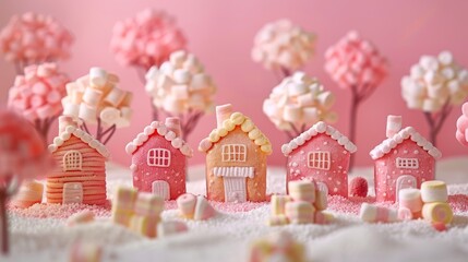 Canvas Print -  A tight shot of a collection of miniature houses on a table, surrounded by trees in the backdrop, and marshmallows in the foreground