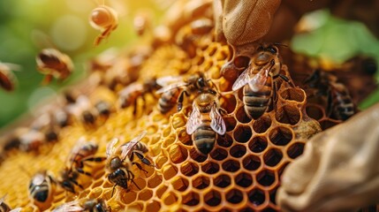 Wall Mural -  A tight shot of bees clustered on a hive, with honeycomb structures prominently featured in the foreground