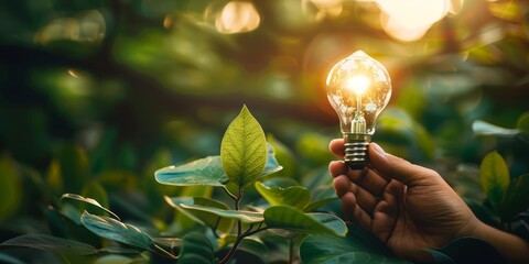 Wall Mural - hand holding light bulb against nature on green leaf with energy sources, sustainable development an