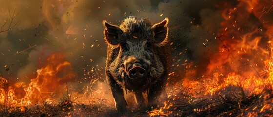 wild boar roaring with blazing flames in the background, highlighting fierce power and untamed natur