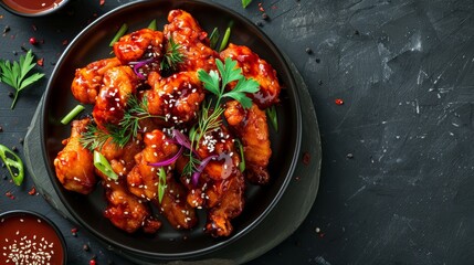 Wall Mural -  A black plate holds chicken wings, fully coated in savory sauce, and garnished with aromatic herbs and colorful garnishes