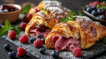 Sticker -  Croissants with meat, cheese, and berries on a black slate A bowl of raspberries beside