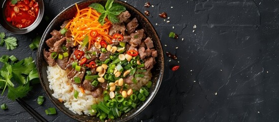 Wall Mural - Beef and Rice Bowl with Toppings and Sauce