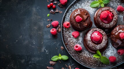 Poster -  Chocolate cupcakes with raspberries, chocolate frosting, mint leaves, and chocolate shavings on a plate