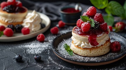 Wall Mural -  A tight shot of a cake on a plate, topped with berries Background includes a steaming cup of tea
