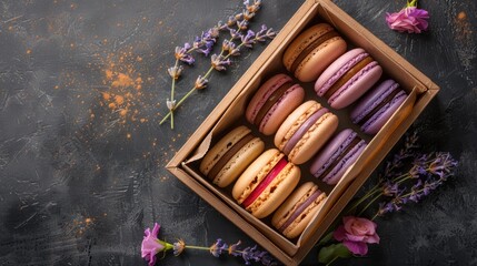 Wall Mural -  A box of macaroons sits on a table, near a bunch of purple flowers and one large purple flower