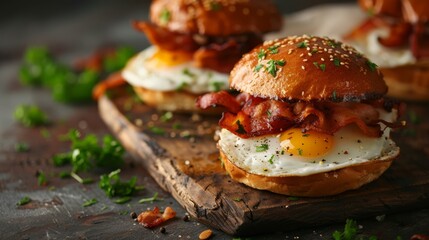 Wall Mural - bacon and egg on a weathered cutting board, garnished with parsley