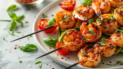 Wall Mural -  A plate with grilled shrimp and zucchini on skewers, served alongside tomatoes and basil