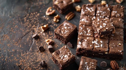 Wall Mural -  A wooden table holds a stack of brownies, while another is topped with nuts and sea salt