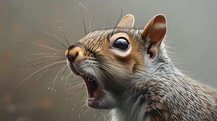 Close up of a grey squirrel yawning. 