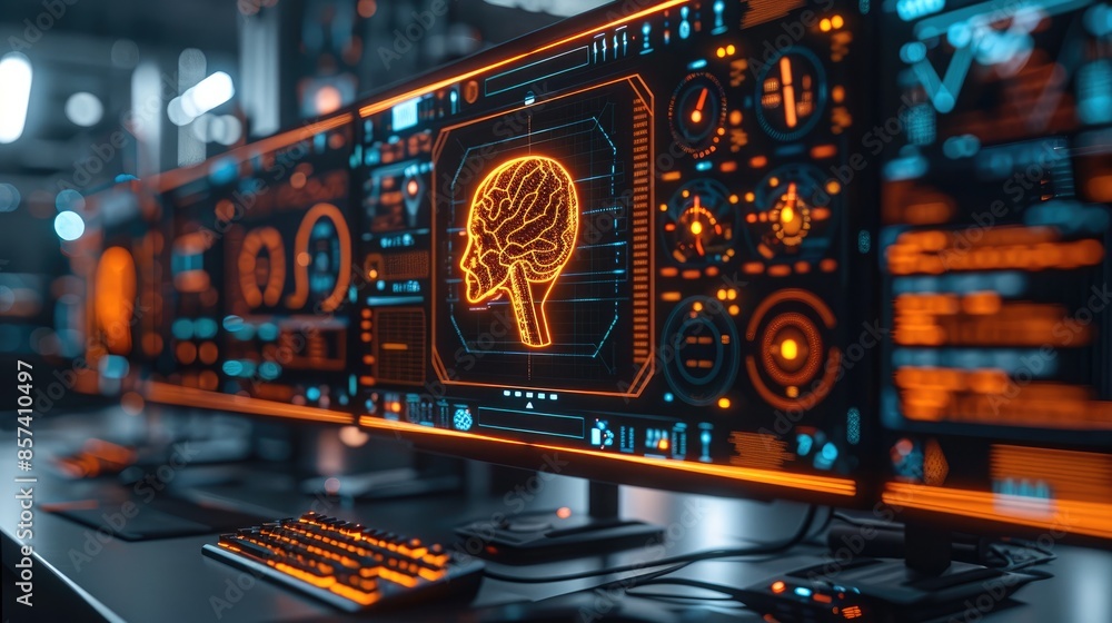 High tech computer lab, computers and monitors displaying 3d models, clinical lighting, dark blue and orange color palette. Generative AI.