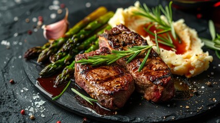 Wall Mural -  A plate with a steak, mashed potatoes, asparagus, and separate asparagus spears on a black plate