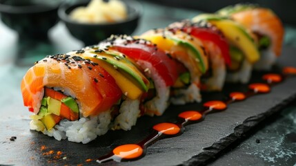 Wall Mural -  A tight shot of a sushi roll on a dish, topped with sauce and avocado