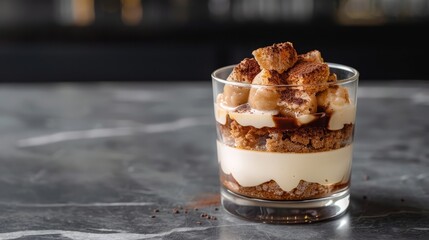 Wall Mural -  A tight shot of a dessert in a transparent glass on a black-clothed table against a black wall backdrop