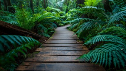 Wall Mural -  A wooden walkway in a forest, surrounded by abundant green vegetation on both sides