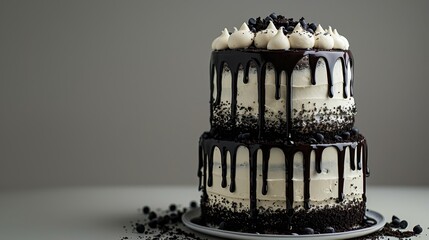 Wall Mural -  A three-layer chocolate cake, frosted with white icing, and decorated with chocolate sprinkles on a pristine white cake platter
