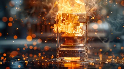 Wall Mural -  A tight shot of a glass containing a flame, situated on a table against hazy backdrop lights