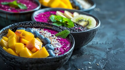 Wall Mural -  A tight shot of a bowl brimming with food, topped with luscious fruits, and a secondary bowl of food visible behind
