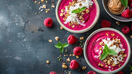 Wall Mural -  Two bowls of smoothies, one with raspberries, nuts, and the other garnished with mint, on a dark surface