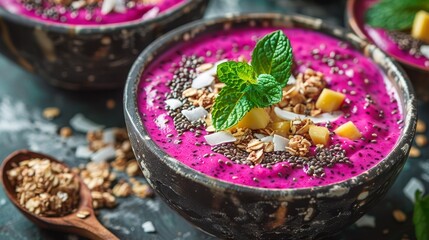  A tight shot of a bowl filled with food, featuring a spoon resting next to each rim