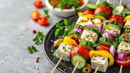 Poster -  A tight shot of a plate filled with veggies and skewered dishes