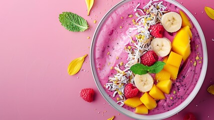  A pink surface holds a smoothie bowl topped with sliced bananas, raspberries, and additional toppings