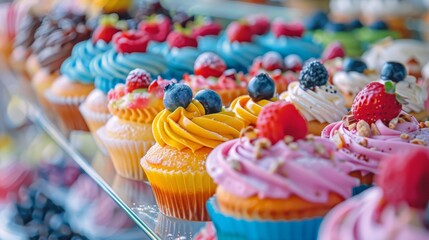 Wall Mural -  A glass shelf holds a row of colorful cupcakes, adjacent to more on the table