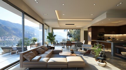Wall Mural - Stylish open living room and kitchen in a luxury home, with contemporary furniture, sleek design, and a balcony offering a scenic view.