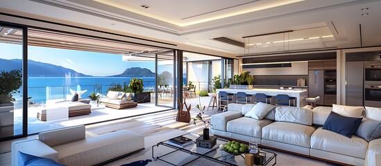Wall Mural - Stylish open living room and kitchen in a luxurious home, featuring designer decor, sleek furniture, and a balcony with a stunning view.