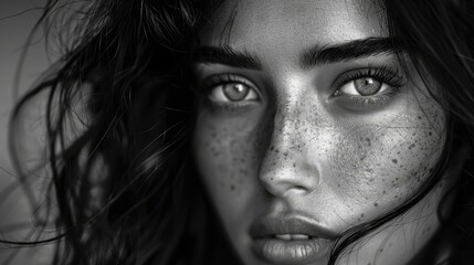 Wall Mural -  A black-and-white image of a woman with freckled hair and folkorically distinctive freckled eyes