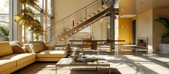 Wall Mural - Stylish villa living room with high ceilings, showcasing a cozy coffee table and a sleek metal staircase, highlighted by warm yellow and beige tones.