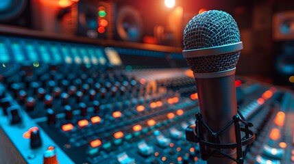 Modern podcast recording studio with vibrant soundboard and professional microphone setup in a high tech media production environment