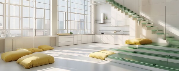 Wall Mural - Stylish white and beige studio interior, large windows, white kitchen, green stairs, and yellow cushions.