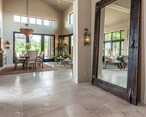 Wall Mural - Suburban foyer with ceramic tile flooring and a large mirror. The foyer opens to a dining area with rustic furniture on the left, and an open-plan living room with large windows on the right.
