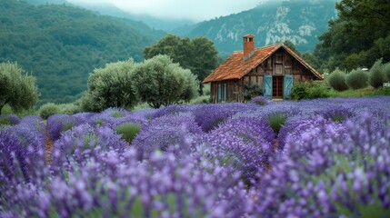 Canvas Print -  A house sits amidst a field of lavender flowers; mountain range with trees and mountains forms the backdrop