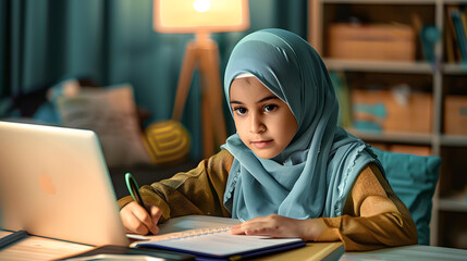 Wall Mural - Little Muslim girl in hijab doing homework at home