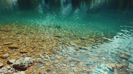 Wall Mural -  A body of water, dotted with numerous rocks, borders a verdant forest teeming with an abundance of emerald trees