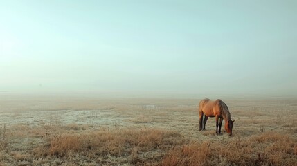 Canvas Print -  A horse grazes in a foggy field, among dried grasses, midday