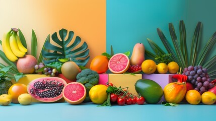 Poster -  A vibrant assortment of fruits and vegetables against a backdrop of blue and yellow, accompanied by a cornered green leafy plant