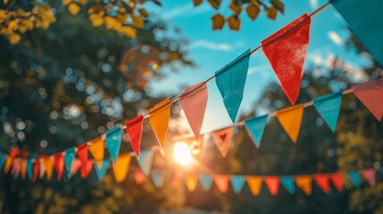 Wall Mural -  A collection of flags swaying in the air against a backdrop of sunlight filtering through trees