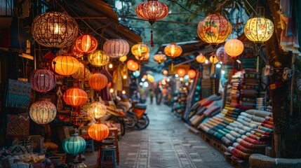 Wall Mural -  A vibrant market with ceilings adorned by multicolored lanterns and bustling streets populated by passerby