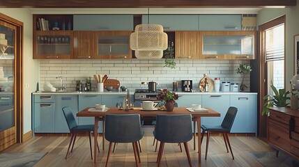 Wall Mural - A chic mid-century modern kitchen featuring blue, purple, and hazel-colored kitchen cabinets, grounded by a wooden dining table.