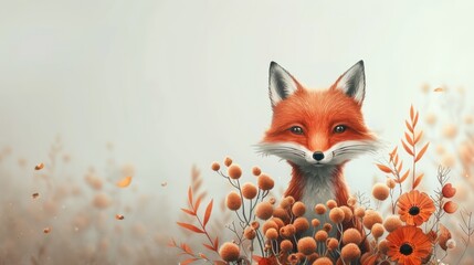 Wall Mural -  A red fox in a field of wildflowers against a blue sky background