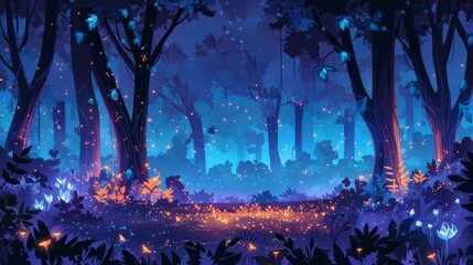 Poster - trees aglow with fireflies; path leading to a hydrant