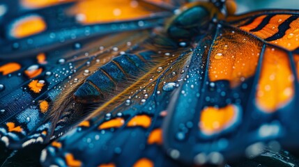 Wall Mural -  A tight shot of a blue and orange butterfly with water droplets on its wings and wingtips