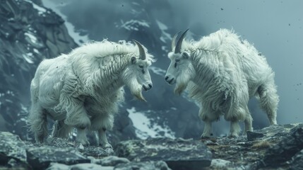 Poster -  Two goats, mountain variety, stand adjacent on a peak blanketed in snow Snowcaps crown the mountain summit