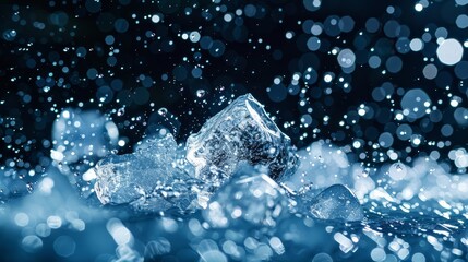 Poster -  A collection of ice cubes atop a table, backdrop black and speckled with water droplets