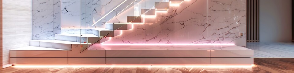 Wall Mural - White marble L-shape floating neon stairs with RGB LED stripe light under tread staircase, tempered glass panel balustrades in a luxury suite, elegant interior design with hardwood floor,